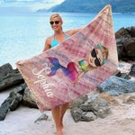 Personalised Dreamy Shine Cartoon Mermaid Quick Dry Oversized Microfiber Beach Towel with Name Summer Beach Party Birthday Gift for Women Girls