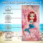 Personalised Dreamy Shine Cartoon Mermaid Quick Dry Oversized Microfiber Beach Towel with Name Summer Beach Party Birthday Gift for Women Girls