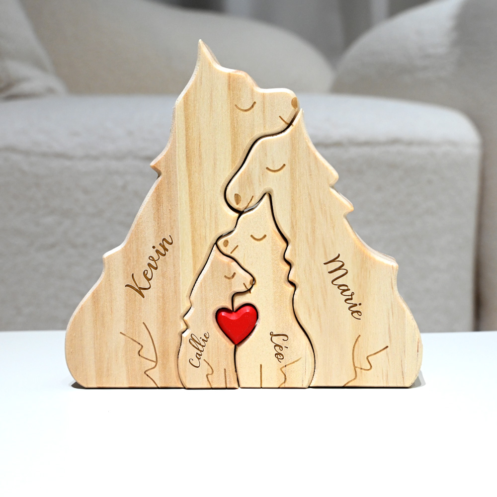 Puzzle de Loups en Bois Personnalisé avec 2-4 Noms Gravés Décoration de Bureau Cadeau Familal pour Aniversaire Fête des Mères