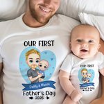 Personalized Cartoon Dad Holding Baby 100% Cotton Baby Bodysuit Matching T-shirt with Name and Year Family Outfit First Father's Day Gift for Dad Baby