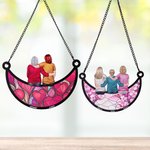 Personalized Cartoon Character Back View Moon Shape Window Hanging Suncatcher with Names Home Decor Mother's Day Birthday Gift for Mom Grandma