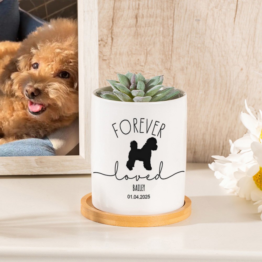Personalizzato con silhouette di cane Forever Love Vaso per piante succulente in ceramica con nome e base in bambù