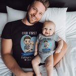 Personalized Cartoon Dad Holding Baby 100% Cotton Baby Bodysuit Matching T-shirt with Name and Year Family Outfit First Father's Day Gift for Dad Baby