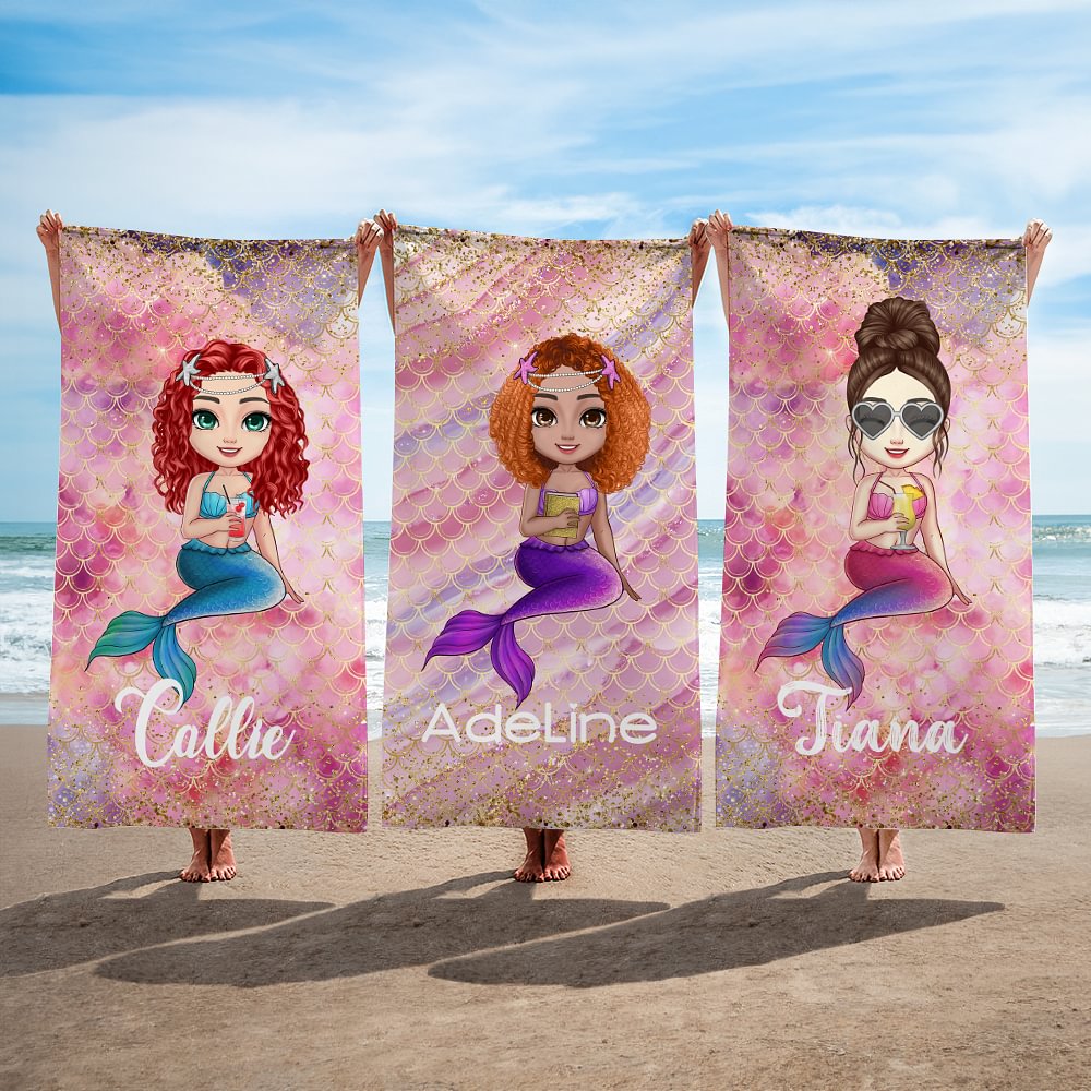 Serviette de Plage Microfibre Personnalisée avec Sirène Dessin Anime Éclat Rêveur et Nom Séchage Rapide Cadeau d'Anniversaire pour Femmes Filles