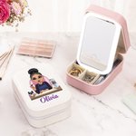 Personalisierte Cartoon Maniküre Name PU Leder Schmuckkasten mit einstellbaren LED Make-up Spiegel Beauty Salon Eröffnung Geburtstag Geschenk für Nageltechniker