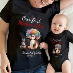 Personalized Cute Penguins Design 100% Cotton Soft Baby Bodysuit Adult T-shirt with Name and Year Our First Mother's Day Gift for Baby Newborn Mom