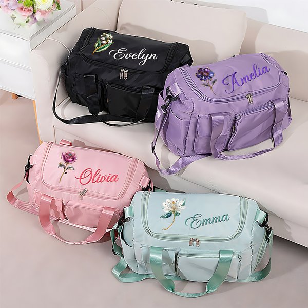 Personalised Multi-compartment Birth Flower Waterproof Nylon Travel Duffel Bag with Name and Shoulder Strap Birthday Gift for Women