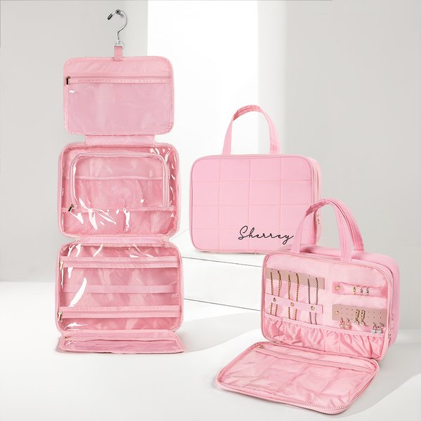 Bolsa de viaje personalizada acolchada con doble cierre de cremallera y múltiples compartimentos para maquillaje con nombre y gancho incorporado Regalo de cumpleaños de viaje de negocios para mujer