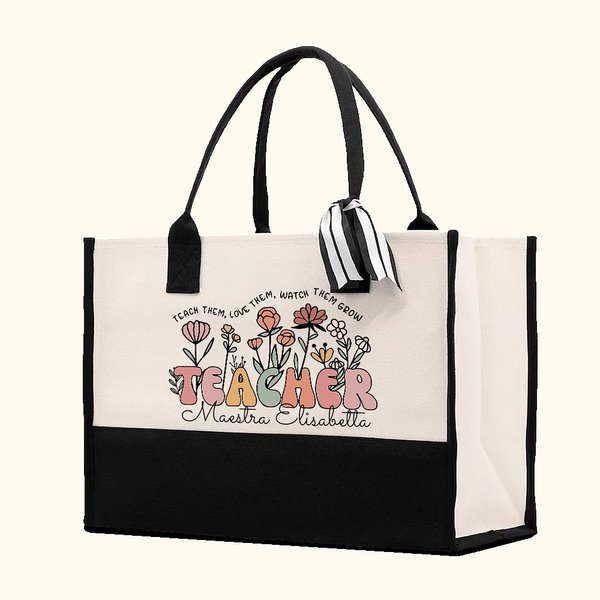 Borsa tote capiente in tela personalizzata in stile boho primaverile con motivi dei fiori di campo regalo di fine anno scolastico per insegnanti