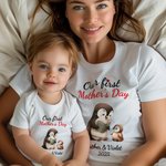 Personalized Cute Penguins Design 100% Cotton Soft Baby Bodysuit Adult T-shirt with Name and Year Our First Mother's Day Gift for Baby Newborn Mom