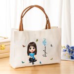Personalisierte 3D Geburt Blume Cartoon Mädchen große Canvas Tote Bag mit Namen und Ledergriff Reise Essentials Geburtstag Geschenk für Frauen Mädchen
