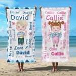 Toalla de playa personalizada de gran tamaño con patrón de nube de palabras y dibujos de dibujos animados regalo de viajes de verano para niños