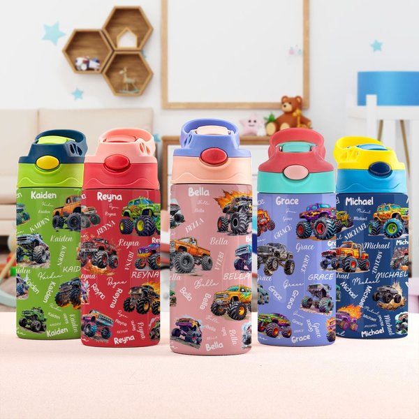 Personalized Extreme Stunt Lorry Name 12 oz Kid Insulated Water Bottle with Handle and Silicone Straw Birthday Back to School Gift for Boys Girls