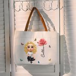 Personalisierte 3D Geburt Blume Cartoon Mädchen große Canvas Tote Bag mit Namen und Ledergriff Reise Essentials Geburtstag Geschenk für Frauen Mädchen