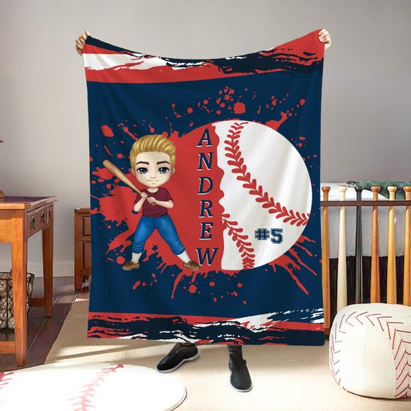 Personalized Multicolour Baseball Cartoon Character Soft Throw Blanket with Name and Number Home Decor Birthday Gift for Family Baseball Enthusiasts