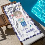 Toalla de playa personalizada de gran tamaño con patrón de nube de palabras y dibujos de dibujos animados regalo de viajes de verano para niños