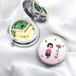 Personalized Cartoon Character Birth Flower Round Mini Pill Box with Name and Mirror Birthday Gift for Friends Family