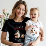 Personalized Cute Penguins Design 100% Cotton Soft Baby Bodysuit Adult T-shirt with Name and Year Our First Mother's Day Gift for Baby Newborn Mom