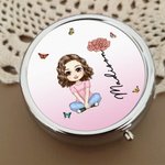 Personalized Cartoon Character Birth Flower Round Mini Pill Box with Name and Mirror Birthday Gift for Friends Family