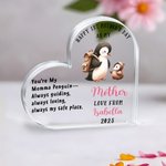 Personalized Cute Penguin Mother and Baby Heart-shape Acrylic Plaque with Name and Year Desk Decor 1st Mother's Day Anniversary Gift for New Mom