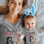 Personalized Cute Penguins Design 100% Cotton Soft Baby Bodysuit Adult T-shirt with Name and Year Our First Mother's Day Gift for Baby Newborn Mom