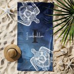 Serviette de Plage Personnalisée avec Nom et Initiale Motif Tortue Mandala Teinture Artisanale Cadeau Anniversaire pour Famille Amis