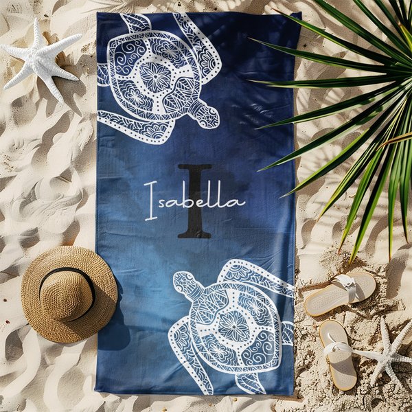 Serviette de Plage Personnalisée avec Nom et Initiale Motif Tortue Mandala Teinture Artisanale Cadeau Anniversaire pour Famille Amis