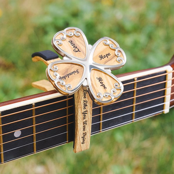 Personalized Four Leaf Clover Guitar Picks Capo Wooden Box Set with Text Guitar Accessory Birthday for Guitar Player Music Lover