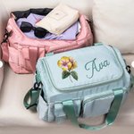 Personalised Multi-compartment Birth Flower Waterproof Nylon Travel Duffel Bag with Name and Shoulder Strap Birthday Gift for Women