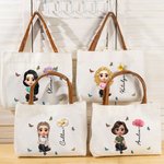 Personalisierte 3D Geburt Blume Cartoon Mädchen große Canvas Tote Bag mit Namen und Ledergriff Reise Essentials Geburtstag Geschenk für Frauen Mädchen