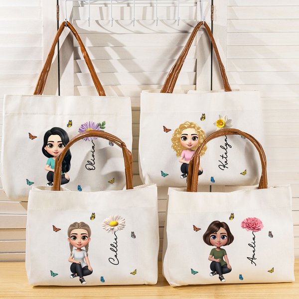 Personalised 3D Birth Flower Cartoon Girl Large Canvas Tote Bag with Name and Leather Handle Travel Essentials Birthday Gift for Women Girls