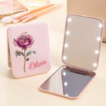 Personalized Retro Birth Flower Portable Double-Sided Makeup Mirror with LED Light and Name Anniversary Birthday Gift for Women Girls