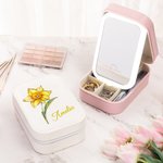 Personalisierte zierliche Geburt Blume Leder Schmuckkästchen mit Namen und LED Drei-Farben-einstellbare Make-up-Spiegel Hochzeit Geburtstag Geschenk für Frauen Mädchen