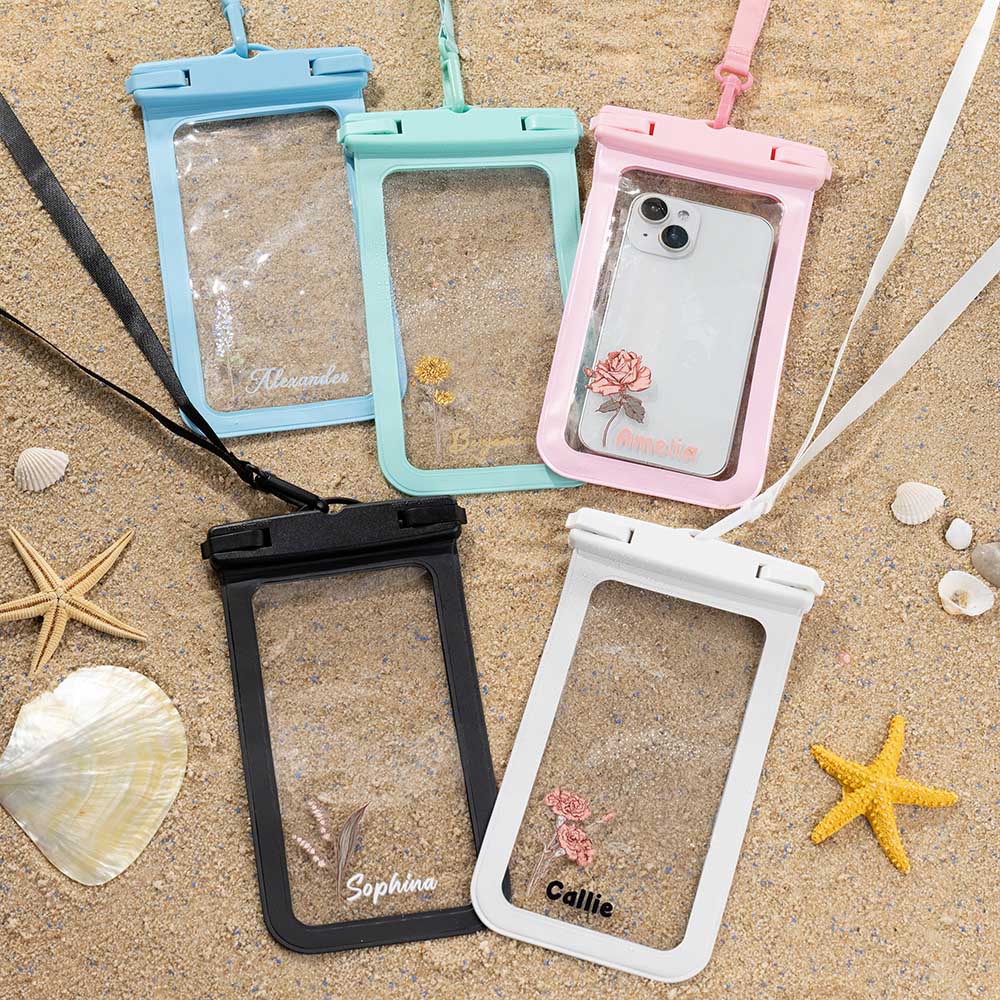 Pochette Imperméable de Téléphone Personnalisée avec Nom et Fleur de Naissance Lanière Détachable Cadeau Anniversaire pour Amateur de Sport Nautique