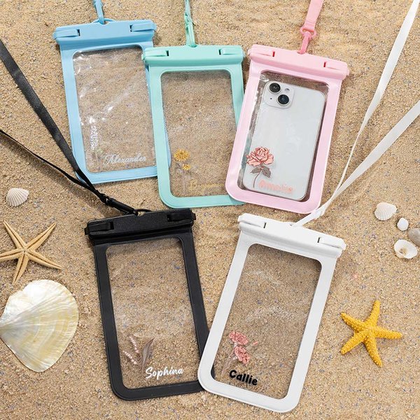 Personalized Birth Flower Waterproof Sealing Phone Pouch with Name and Detachable Lanyard Beach Vacation Birthday Gift for Friend Water Sports Lover