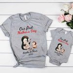 Personalized Cute Penguins Design 100% Cotton Soft Baby Bodysuit Adult T-shirt with Name and Year Our First Mother's Day Gift for Baby Newborn Mom