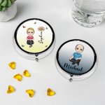 Personalized Cartoon Character Birth Flower Round Mini Pill Box with Name and Mirror Birthday Gift for Friends Family