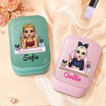 Personalisierte Cartoon Maniküre Name PU Leder Schmuckkasten mit einstellbaren LED Make-up Spiegel Beauty Salon Eröffnung Geburtstag Geschenk für Nageltechniker