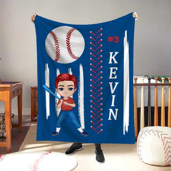 Personalized Baseball Basketball Cartoon Character Soft Throw Blanket with Name and Number Birthday Gift for Family Friends Sports Enthusiasts