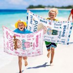 Toalla de playa personalizada de gran tamaño con patrón de nube de palabras y dibujos de dibujos animados regalo de viajes de verano para niños