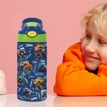 Personalized Extreme Stunt Lorry Name 12 oz Kid Insulated Water Bottle with Handle and Silicone Straw Birthday Back to School Gift for Boys Girls