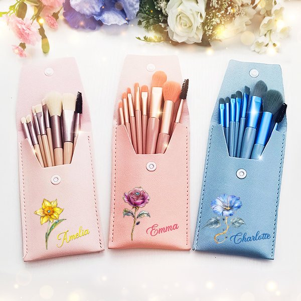 Personalised Retro Oil Painting Birth Flower Name Makeup Brush Bag with 8 Pcs Makeup Brushes Anniversary Party Birthday Gift for Women