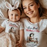Personalized Cute Penguins Design 100% Cotton Soft Baby Bodysuit Adult T-shirt with Name and Year Our First Mother's Day Gift for Baby Newborn Mom