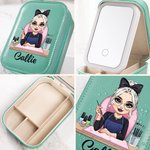 Personalisierte Cartoon Maniküre Name PU Leder Schmuckkasten mit einstellbaren LED Make-up Spiegel Beauty Salon Eröffnung Geburtstag Geschenk für Nageltechniker