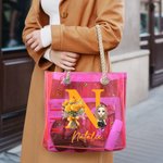 Personalised Neon Birth Flower Bouquet Cartoon Character Clear Tote Bag with Name Initial Birthday Anniversary Gift for Women Girl