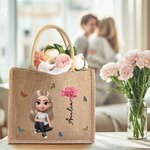 Personalisierte 3D Geburt Blume niedlich Cartoon Mädchen Jute Tasche mit Namen Tote Bag Reisen Zubehör Geburtstag Jahrestag Geschenk für Frauen