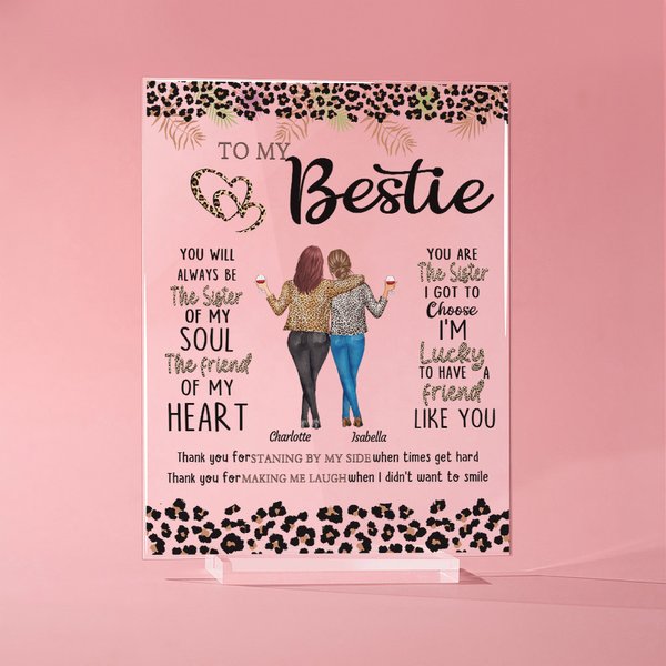 Gepersonaliseerd 2-6 luipaard Cartoon Besties Achteraanzicht Transparant Acryl Plaquette met Base en Namen Desk Decor Vriendschap Verjaardagscadeau voor vrienden