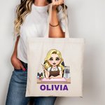 Personalised Cute Cartoon Manicurist Character Canvas Tote Bag with Name Beauty Salon Opening Birthday Gift for Nail Technicians