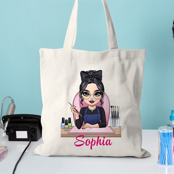 Personlig söt tecknad manikyrist karaktär Canvas Tote väska med namn skönhetssalong öppning födelsedagspresent för nageltekniker