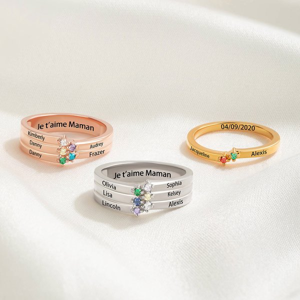 Bague Personnalisée avec 1 à 8 Pierres de Naissance et Nom Gravé Bijoux Délicats Cadeau Anniversaire Fête des Mères pour Maman Grand-Mère